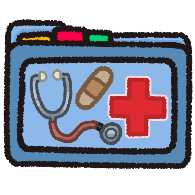 A light blue folder with three colored tabs poking out the top. On the front of the folder is a stethoscope, a bandaid, and a red medical cross.